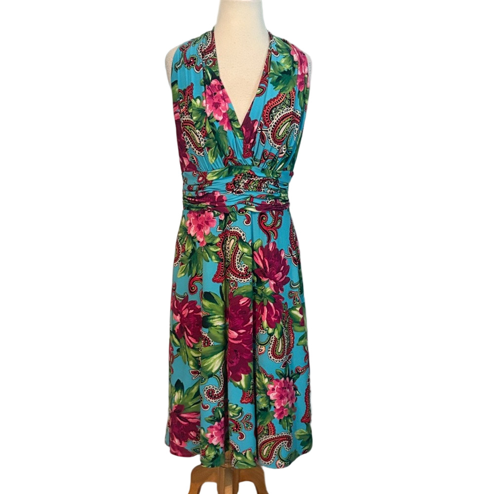 Evan-Picone Sleeveless Dress Floral Paisley Print Blue Pink Green 12